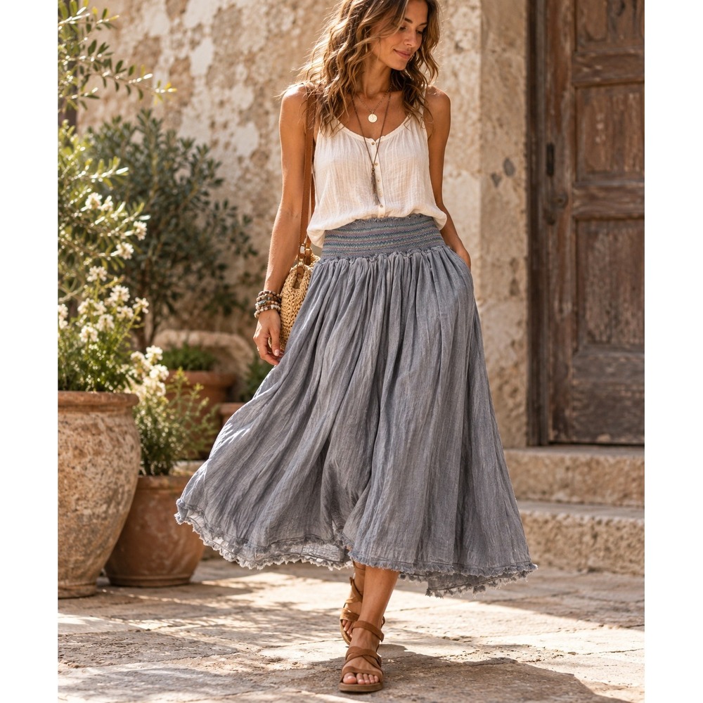 Natural Life Grey Smocked Waist Midi Skirt Multi Color Embroidery Boho Size M